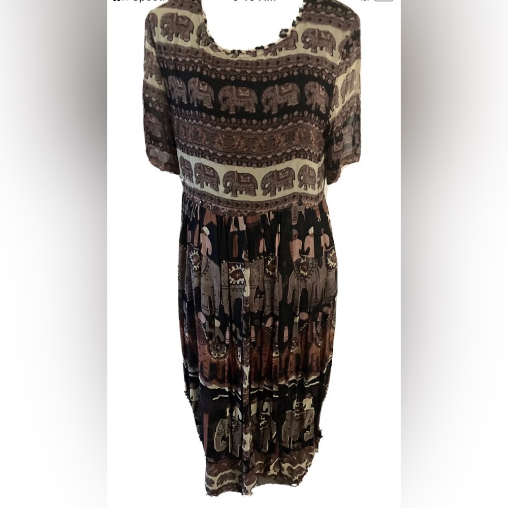 Jasmine Maxi Dress Size L Novelty, Print Elephants ￼51L X 19W Brown Black Light